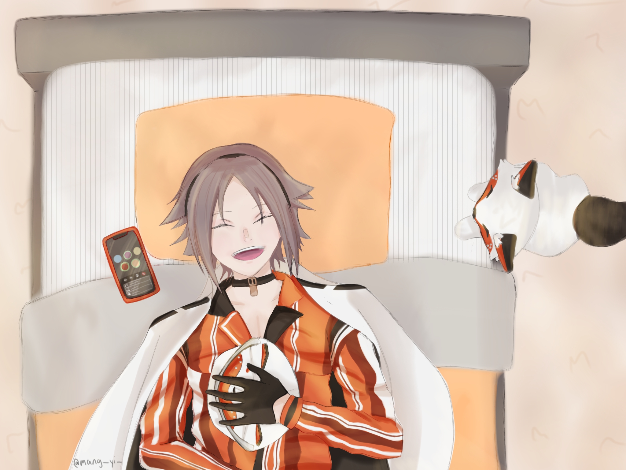 Mysta (from Nijisanji) laying down on a bed with the Mystake mascot next to him